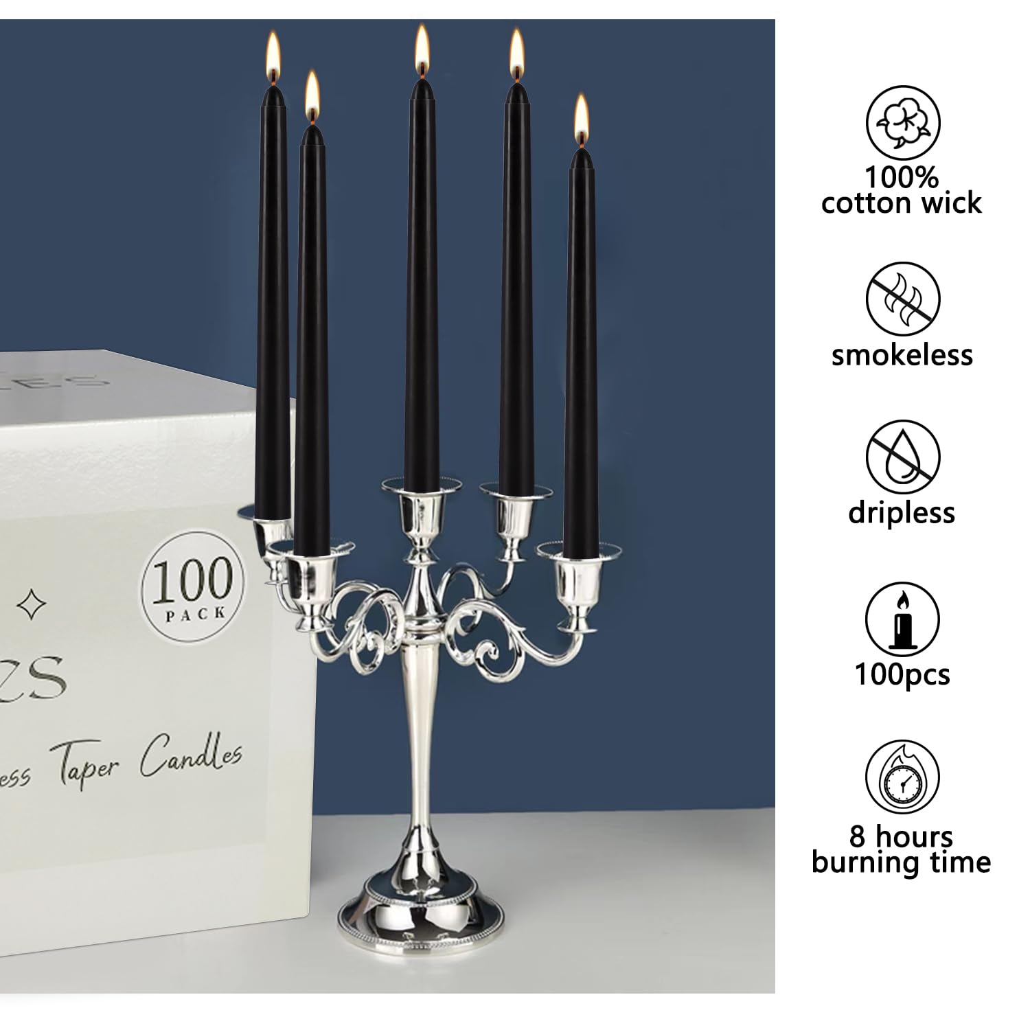 Halloween 100 Pcs Black Taper Candles 10 Inch (H) Dripless Tapered Candles Smokeless Long Candles Tall Unscented Dinner Candle f